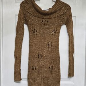 Bebe Open Weave Tan/Gold Sparkle Scoop Neck Sweater Top